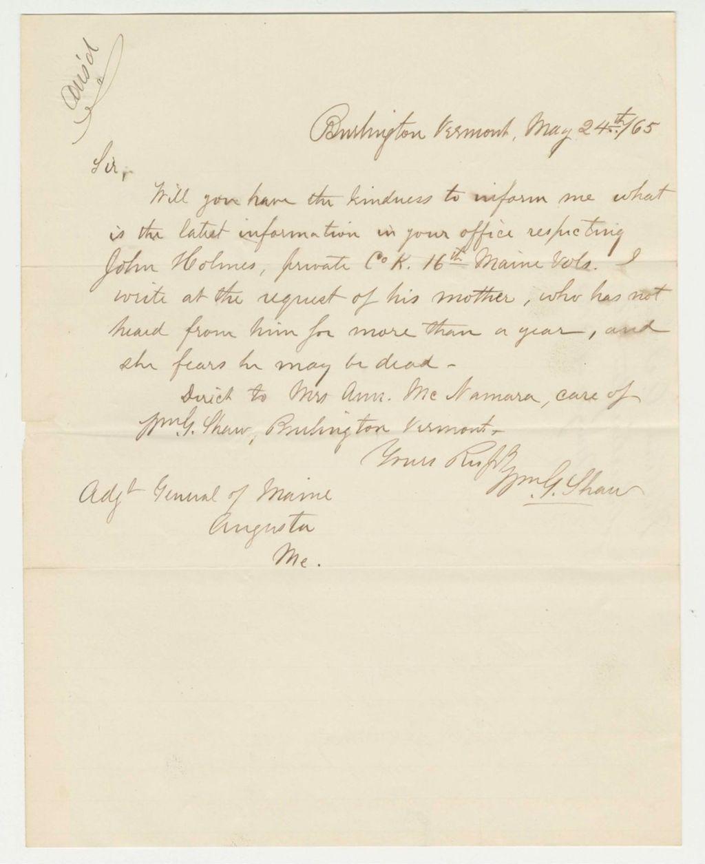 Miniature of William G. Shaw inquires about the welfare of John Holmes on behalf of his mother