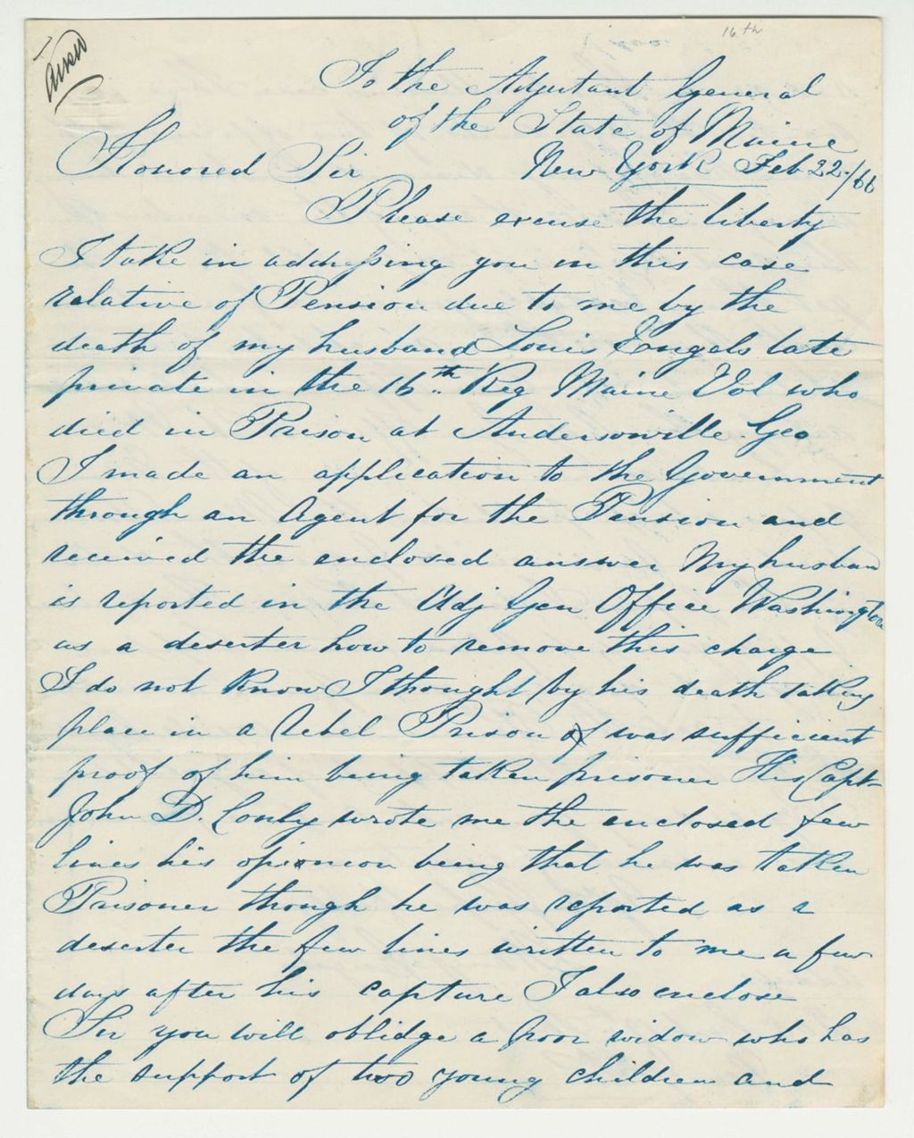 Miniature of Mary Engels writes regarding pension due from her late husband Louis Engels