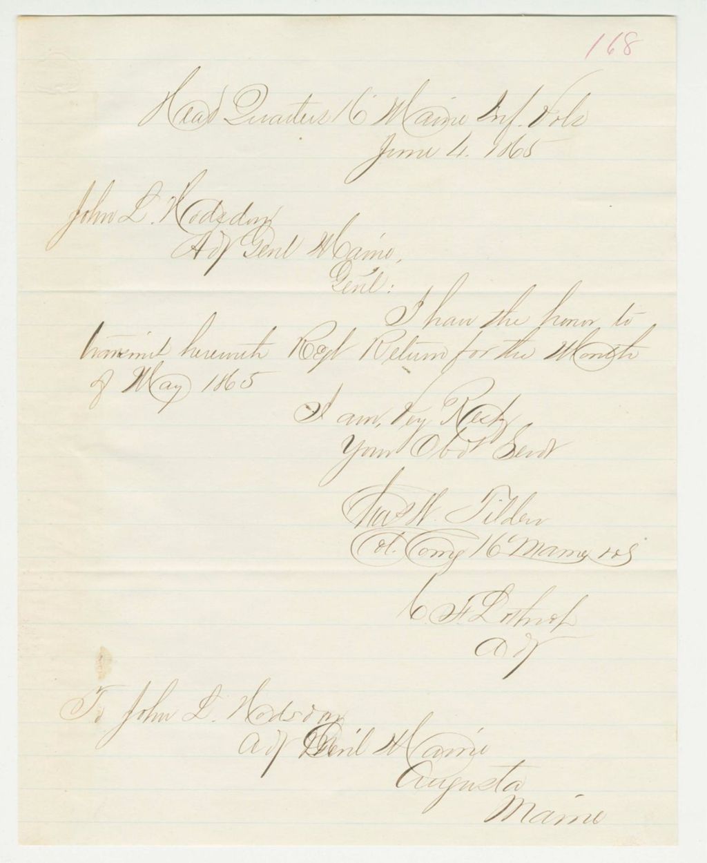 Miniature of Colonel Tilden sends the May 1865 monthly return