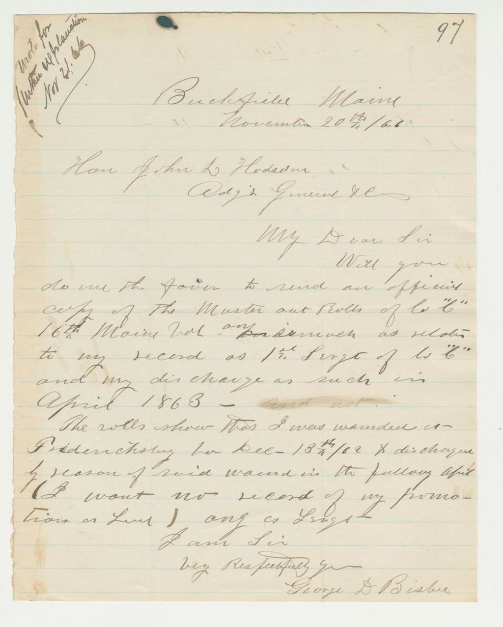 Miniature of George D. Bisbee requests muster-out rolls of Company C