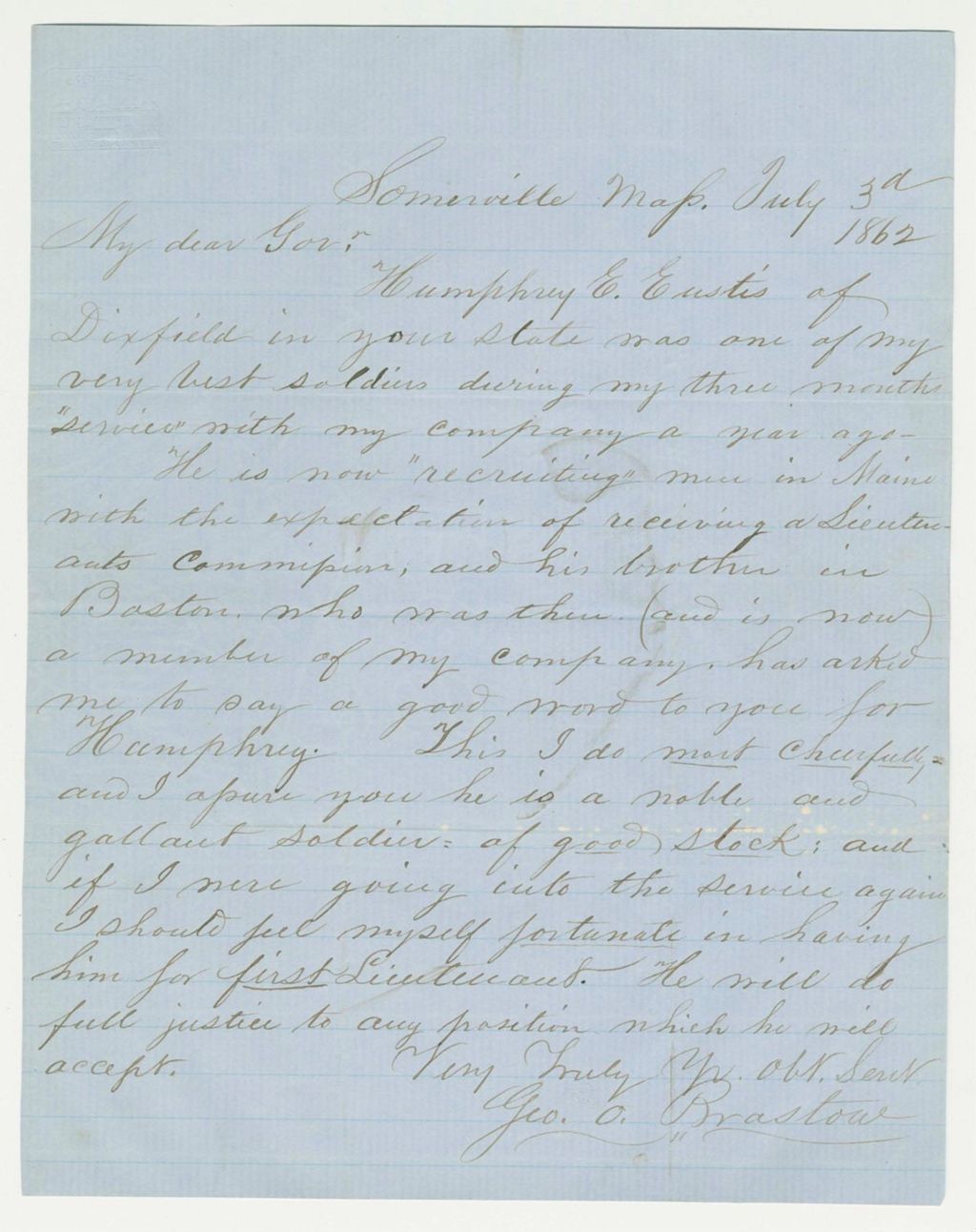 Miniature of George O. Brastow recommends Humphrey E. Eustis of Dixfield for a commission