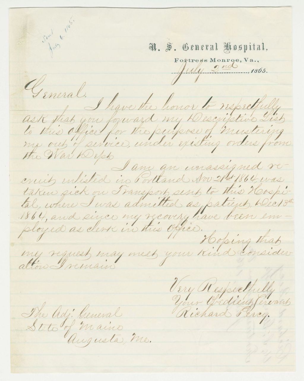 Miniature of Richard Percy requests his descriptive list for mustering out of service