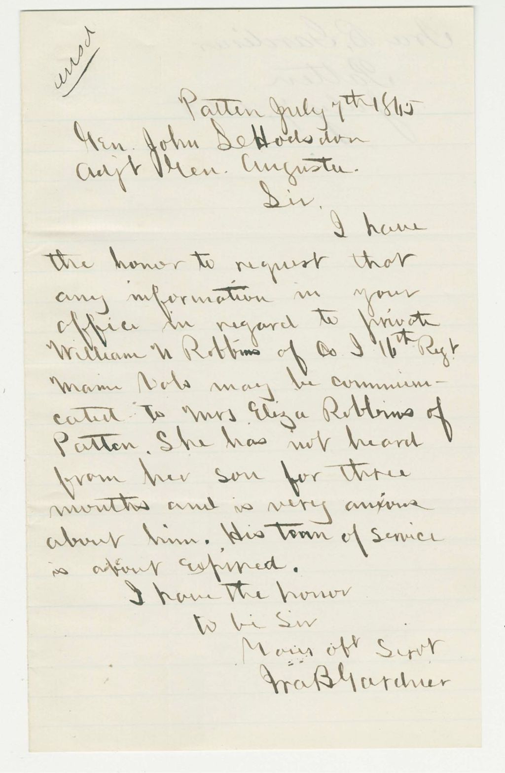 Miniature of Ira B. Gardiner requests information about William H. Robbins, Company I