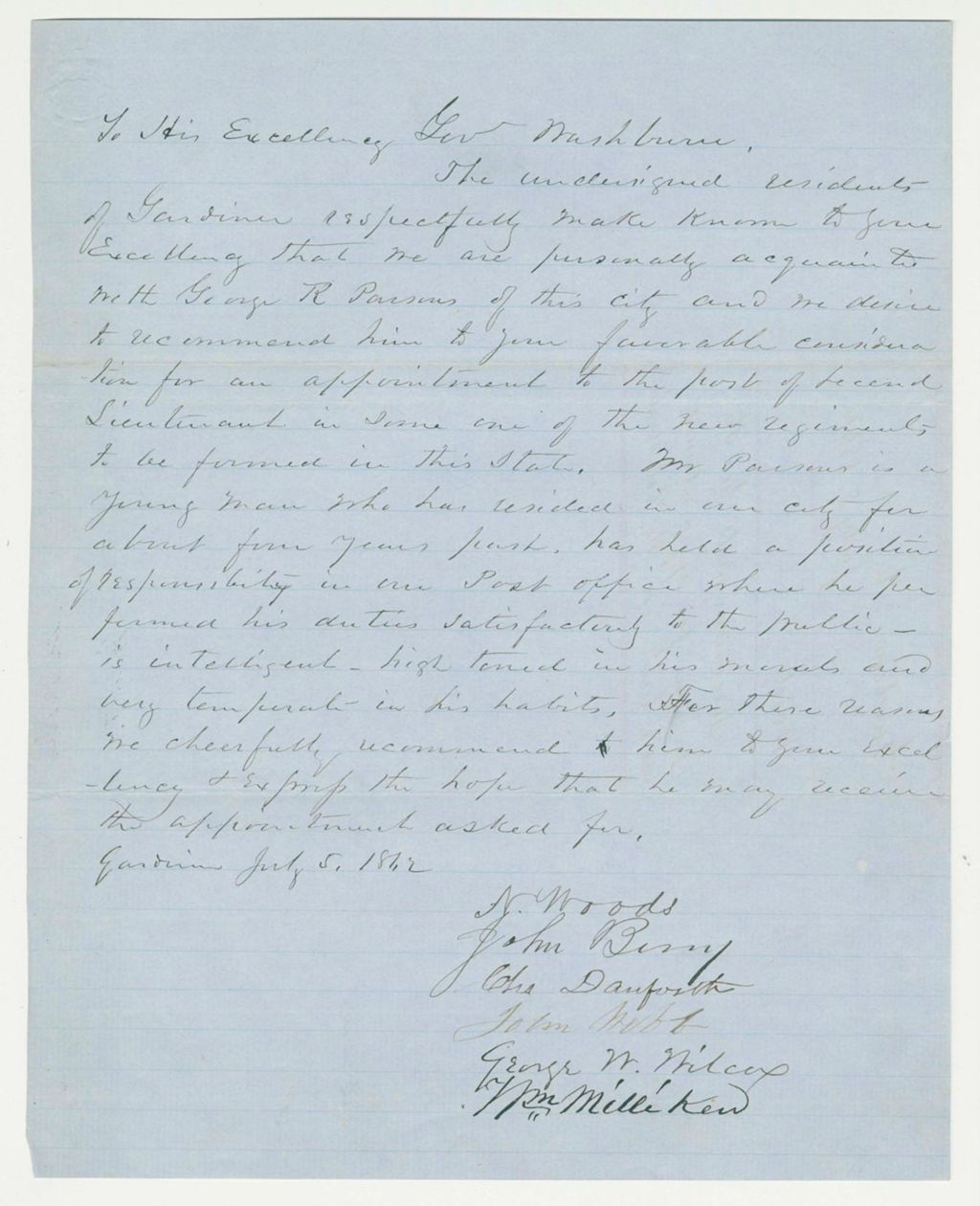 Miniature of N. Woods and others recommend George R. Parsons for 2nd Lieutenant
