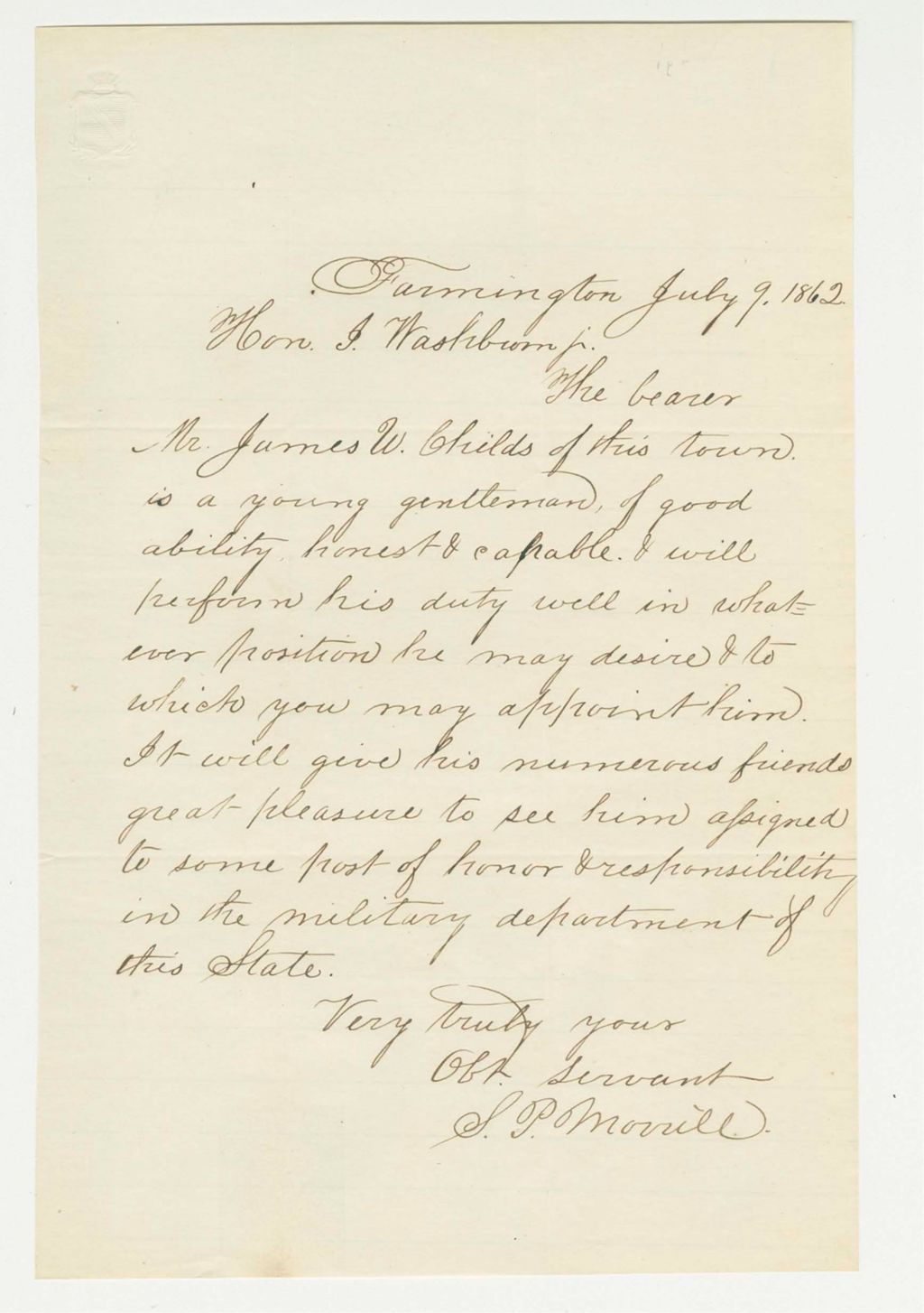 Miniature of S.P. Morrill recommends James W. Childs for a commission