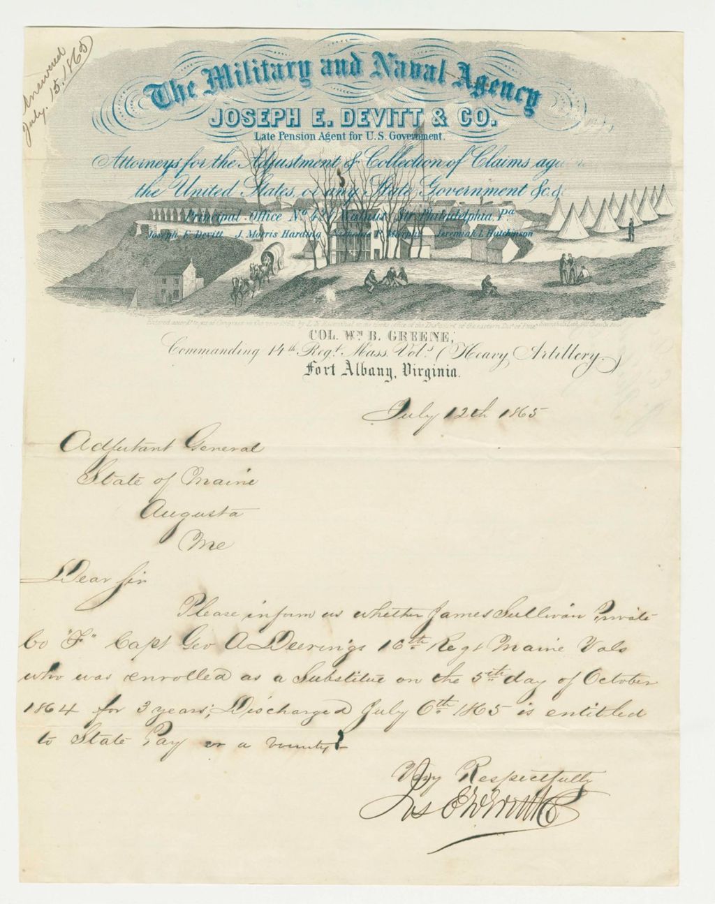 Miniature of Joseph E. Devitt inquires if James Sullivan of Company F is entitled to bounty payment