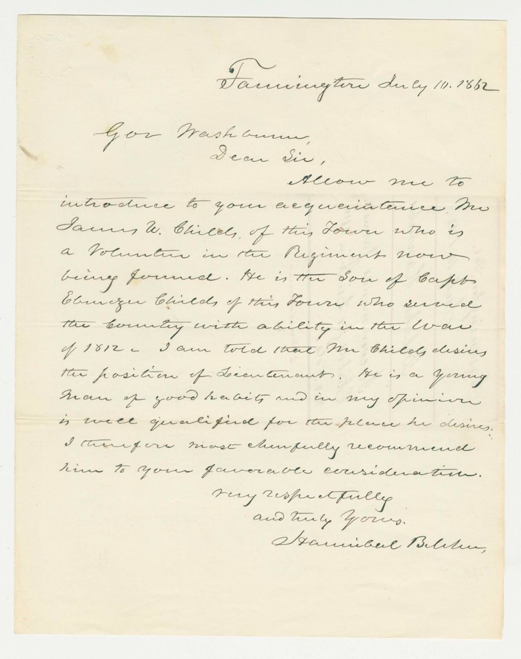 Miniature of Hannibal Belcher introduces James W. Childs to Governor Washburn