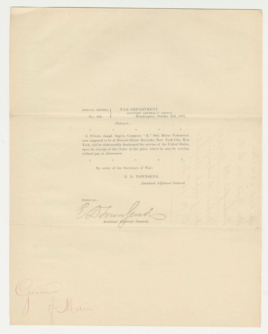 Miniature of Special Order 564 dishonorably discharging Private Joseph Angelo from Company K
