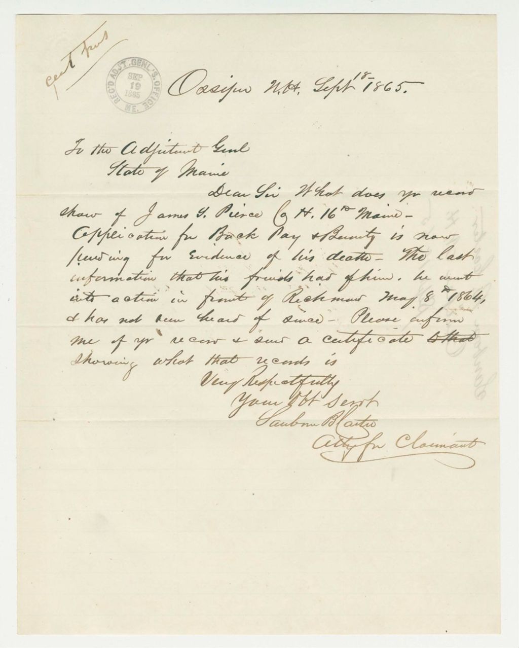 Miniature of Sanborn B. Carter inquires about welfare of James Pierce