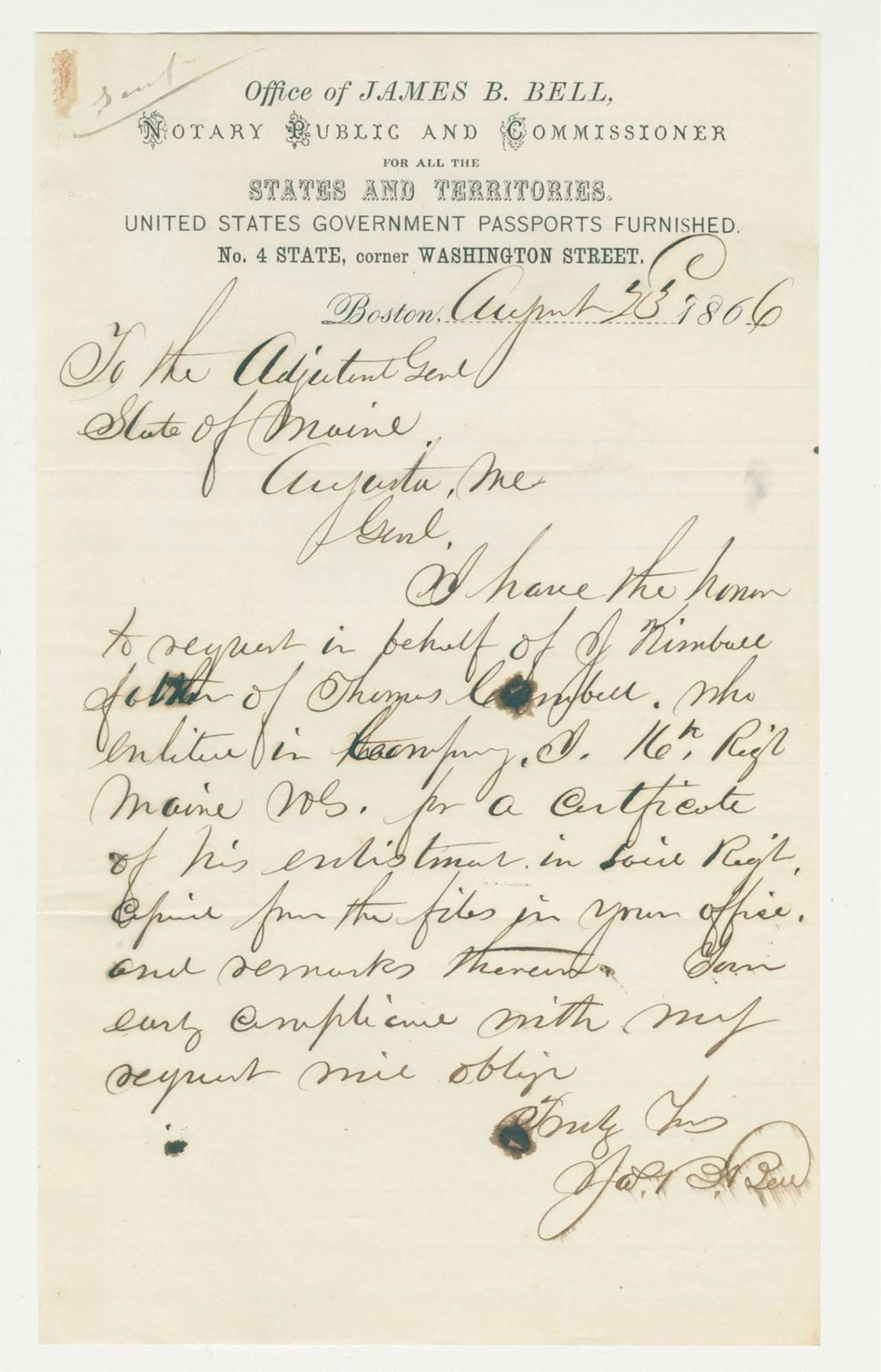 Miniature of James B. Bell requests a certificate of enlistment for Thomas Kimball