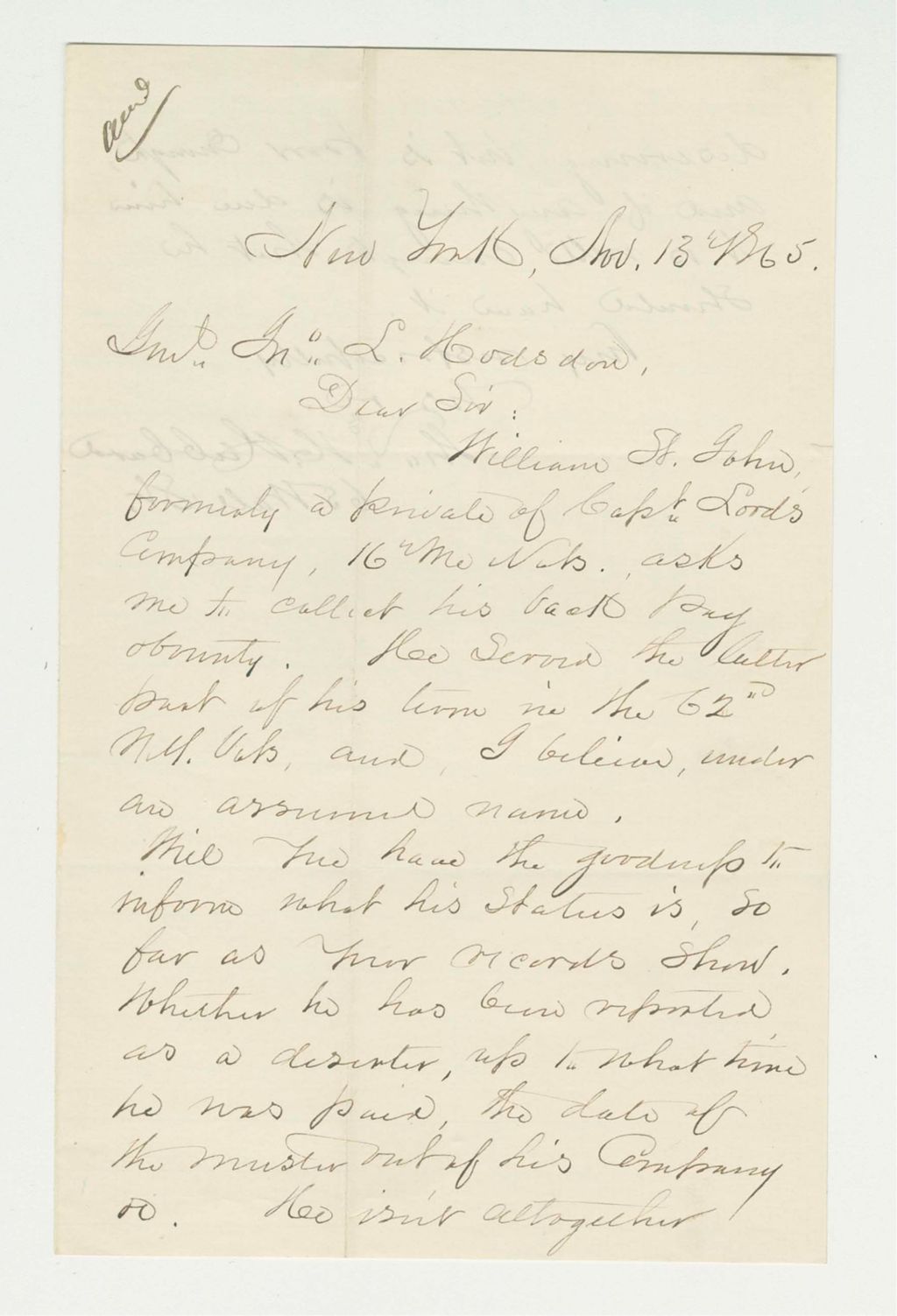 Miniature of Thomas H. Hubbard inquires about payment for William St. John
