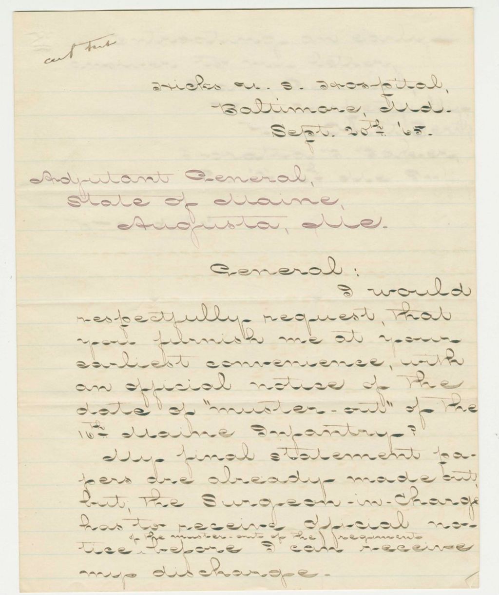 Miniature of Horatio B. Baker requests his muster-out certificate