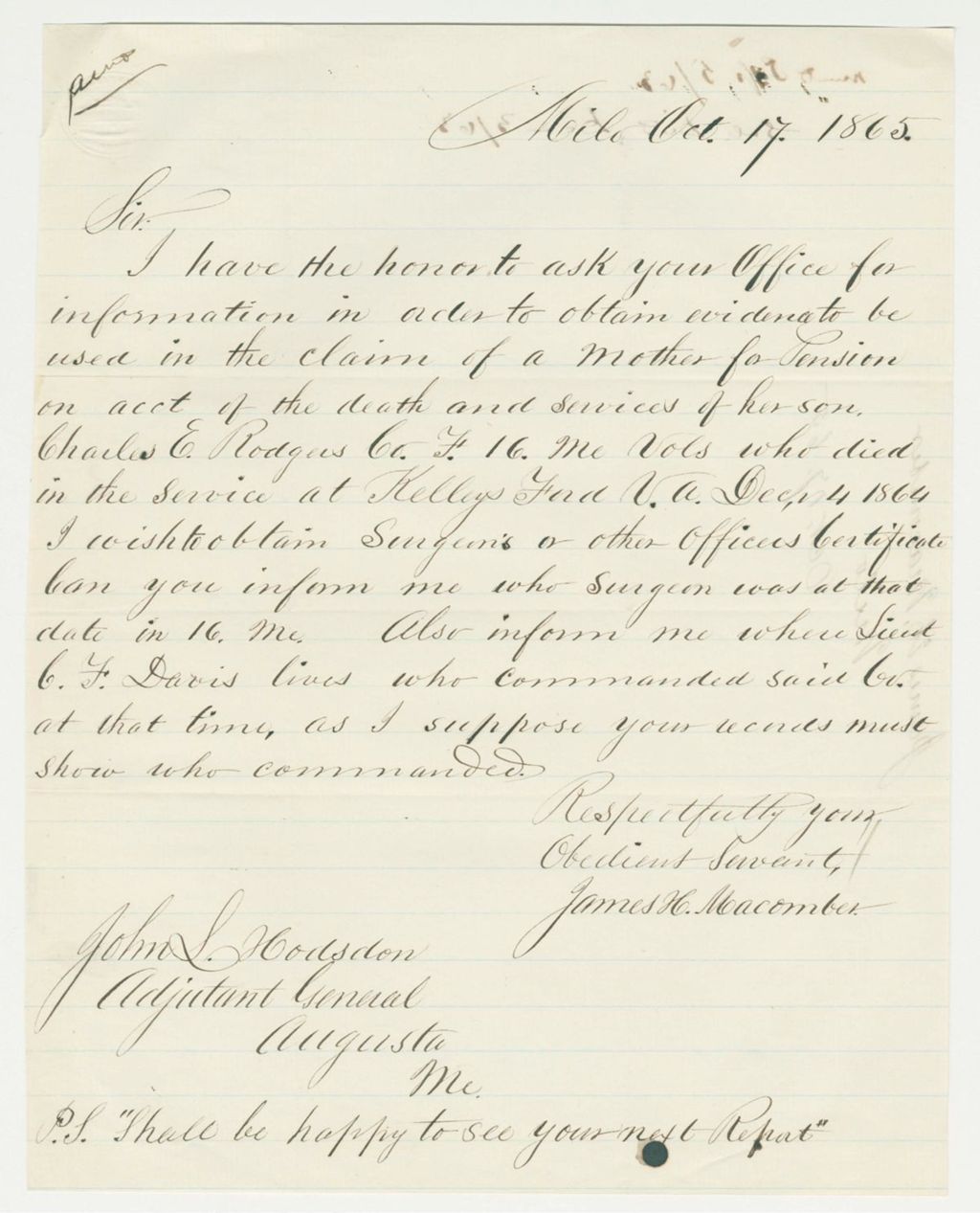Miniature of James H. Macomber requests information on the death of Charles E. Rodgers of Company F