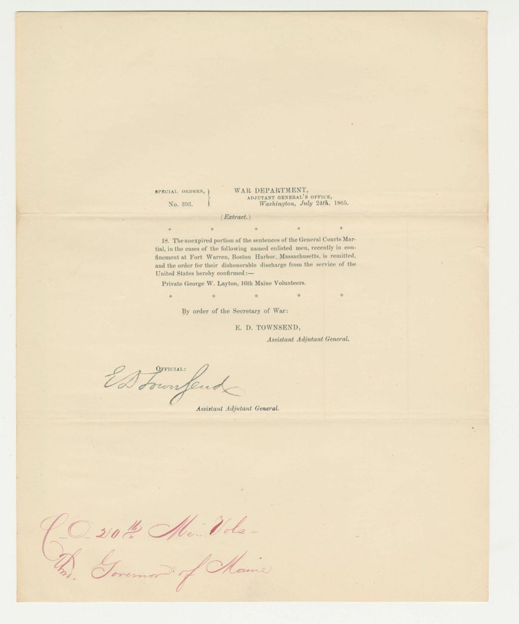 Miniature of Special Order 393 confirming court martial and dishonorable discharge of George W. Layton