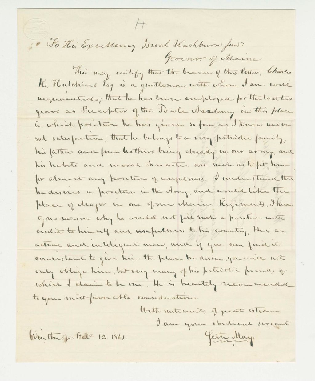 Miniature of Seth May recommends Charles K. Hutchins for a regimental position