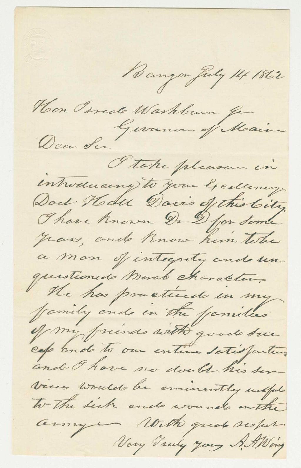 Miniature of A.A. Wing recommends Dr. Hall Davis for surgeon