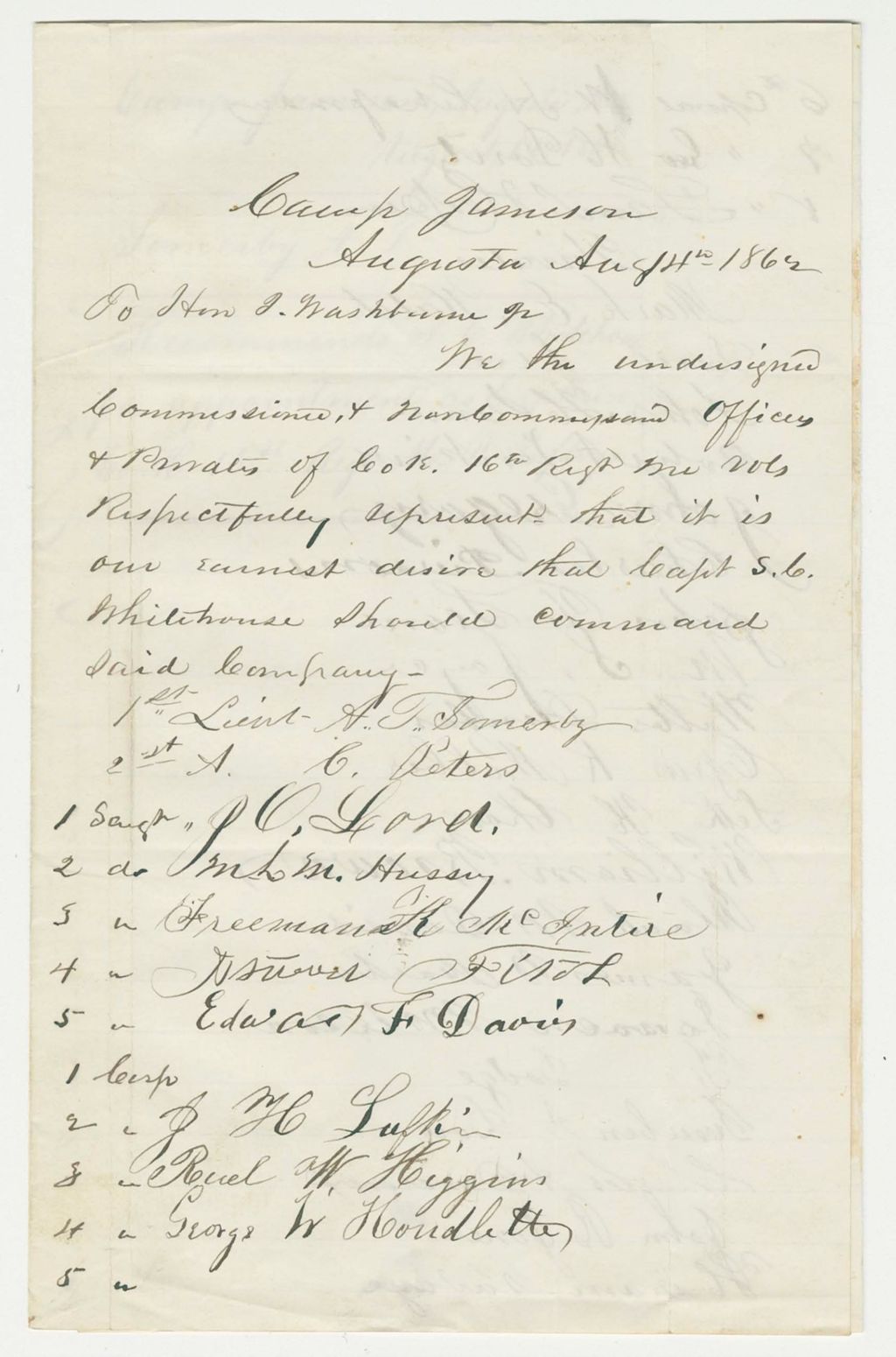 Miniature of Petition of Lieutenant A.J. Somerby and others requesting Captain S. Whitehouse as company commander