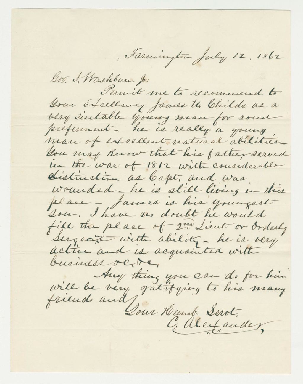 Miniature of C. Alexander recommends James W. Childs for 2nd Lieutenant or Orderly Sergeant