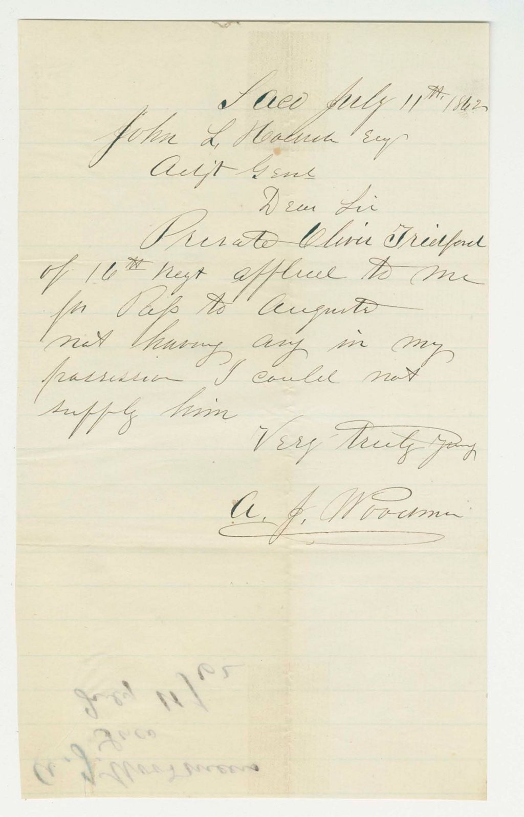 Miniature of A.J. Woodman requests a pass to Augusta for Private Oliver Tridford