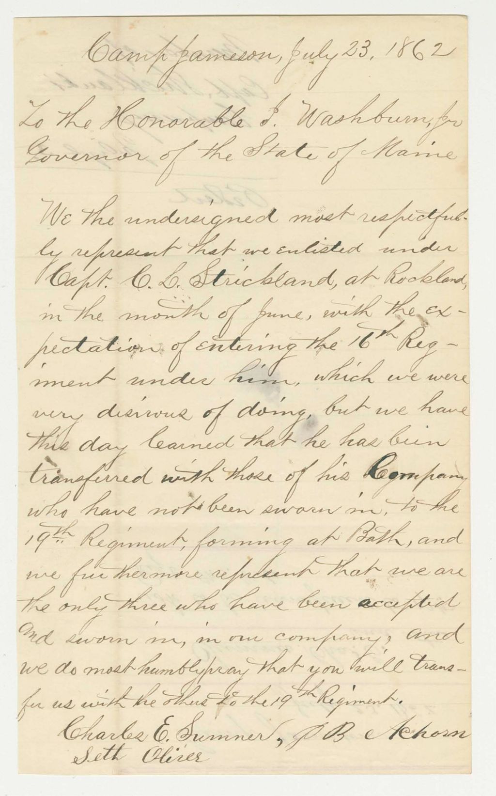 Miniature of Charles E. Sumner, J. B. Achorn, and Seth Oliver ask for transfer to the 19th Regiment