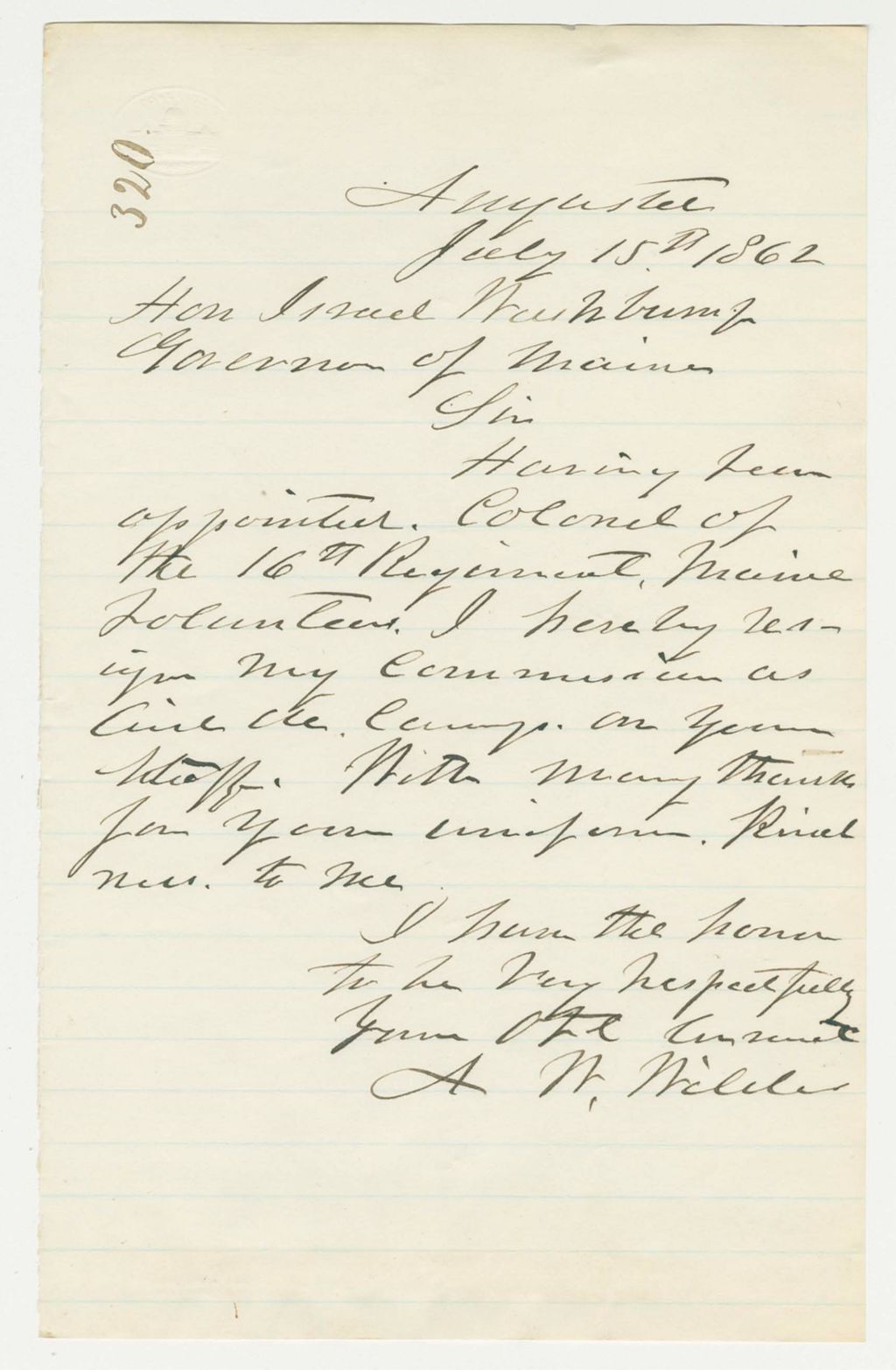 Miniature of Asa W. Wildes resigns as Aid de Camp to take position as Colonel