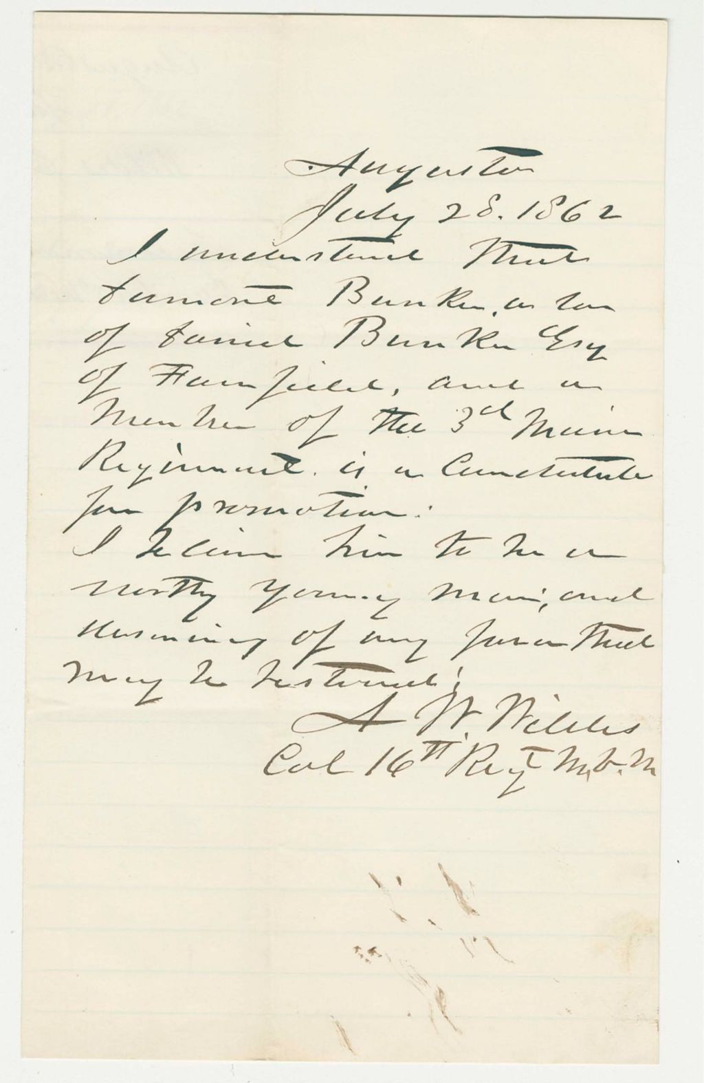Miniature of Colonel Asa Wildes recommends Mr. Bunker of the 3rd Maine for promotion