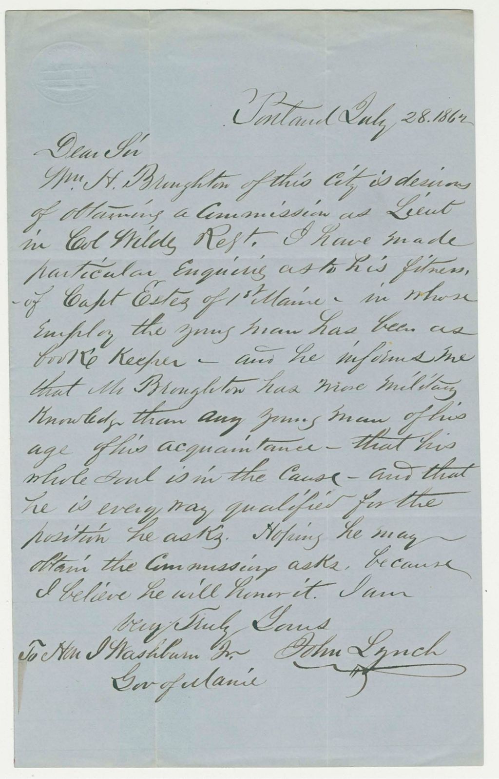 Miniature of John Lynch recommends William H. Broughton for a commission