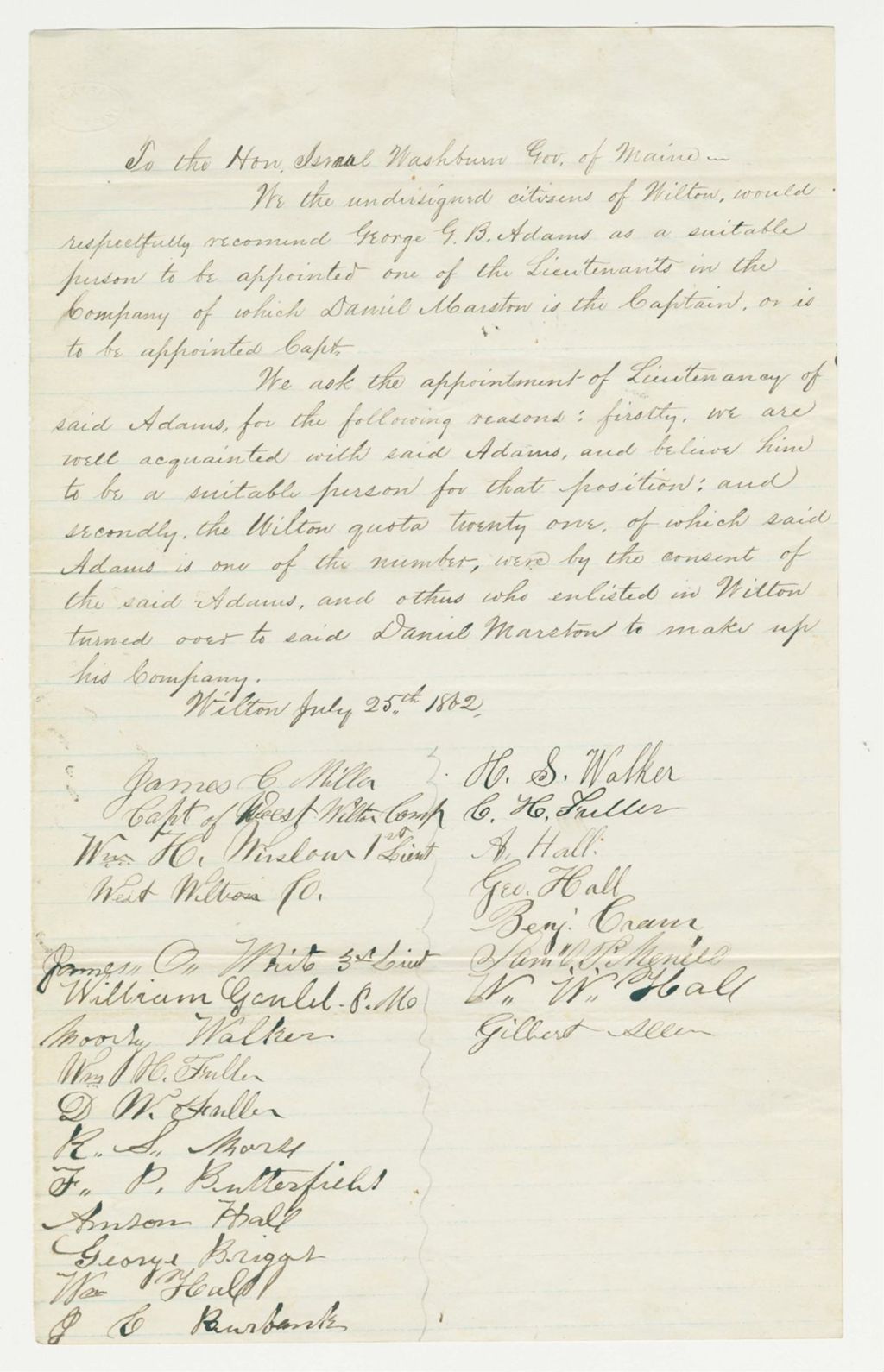 Miniature of James C. Miller and citizens of Wilton petition for George G. B. Adams as Lieutenant
