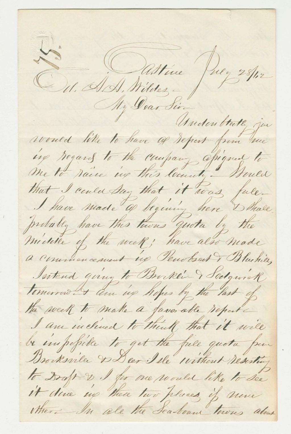 Miniature of Lt. Colonel Charles W. Tilden writes Colonel Wildes that the company is not yet full