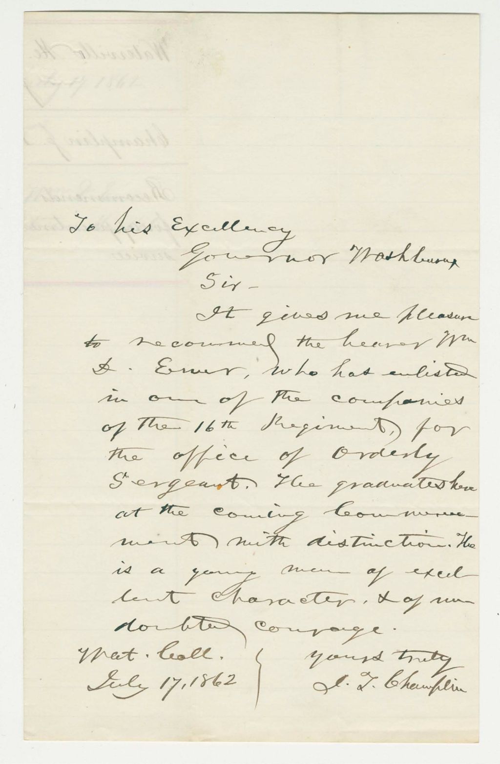 Miniature of J.T Champlin recommends William Ewer for appointment