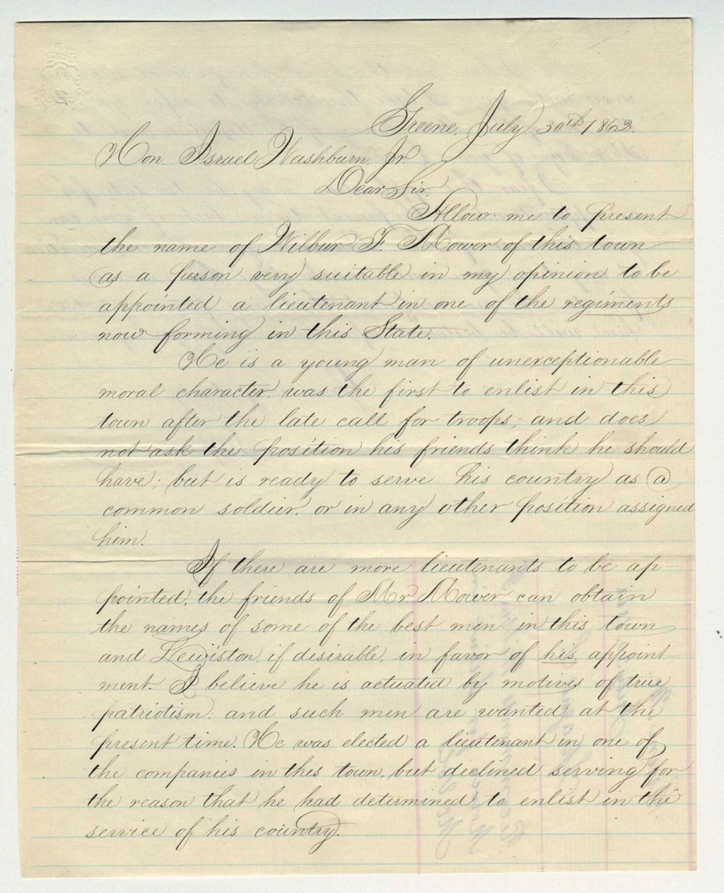 Miniature of S. Sprague recommends Wilbur F. Mower for Lieutenant