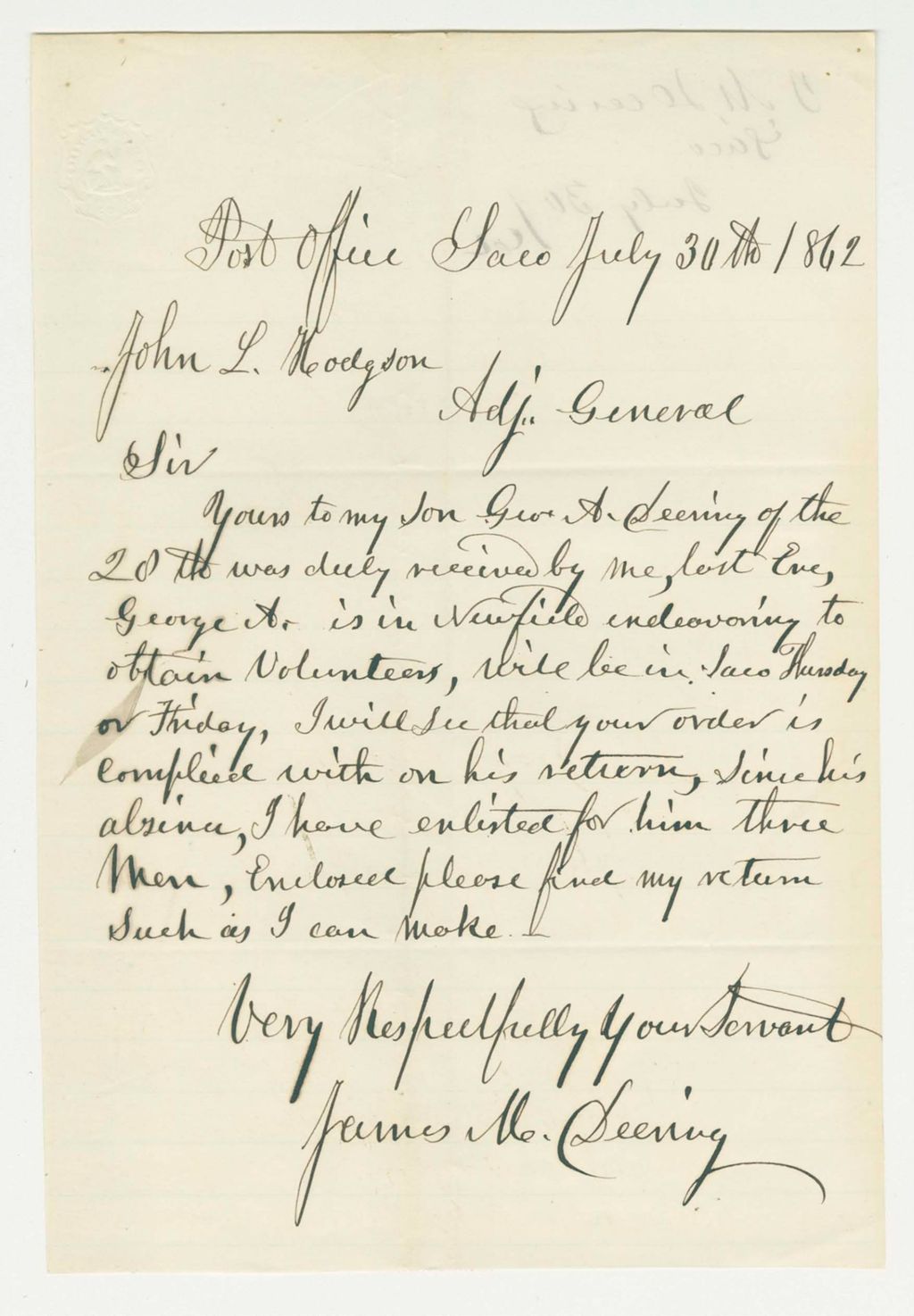 Miniature of James Deering writes that he enlisted three men for his son George Deering of the 20th Maine
