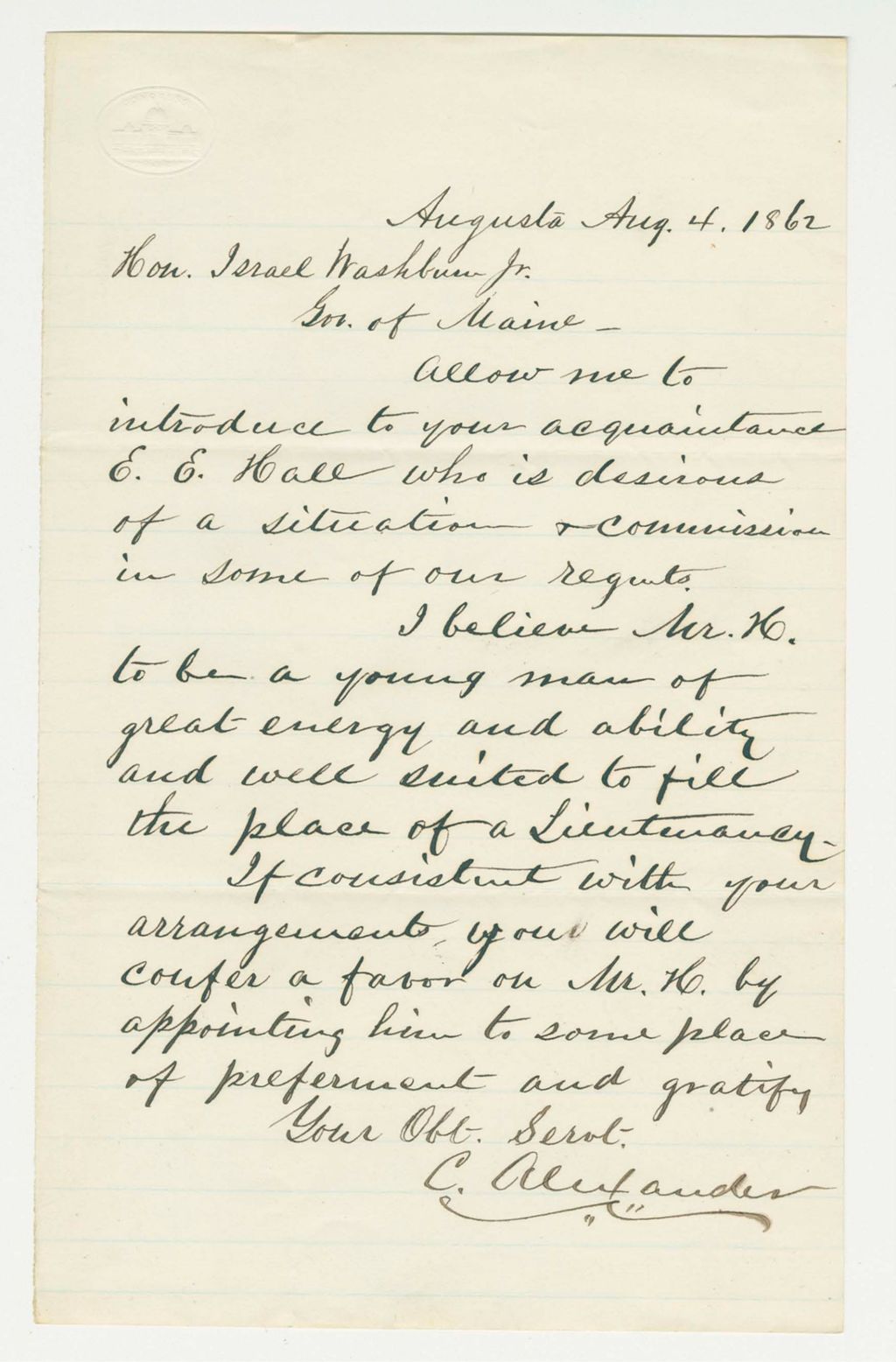 Miniature of C. Alexander recommends E.E. Hall for lieutenant