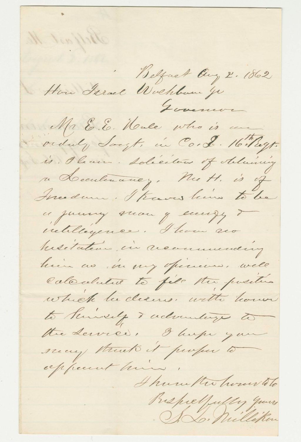 Miniature of S.L. Milliken recommends E.E. Hale for appointment as lieutenant