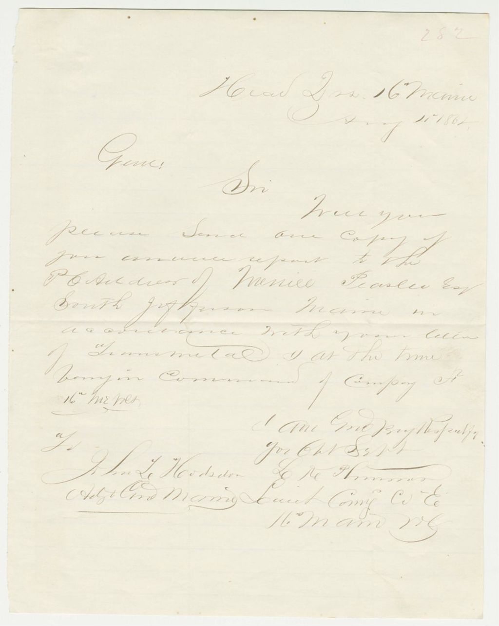 Miniature of Lincoln K. Plummer of Company E writes Adjutant General Hodsdon