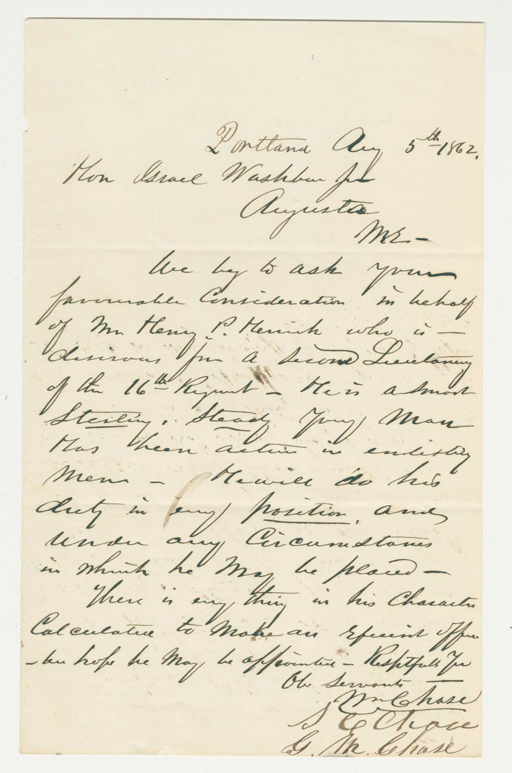 Miniature of William Chase and others recommend Henry P. Herrick for lieutenant