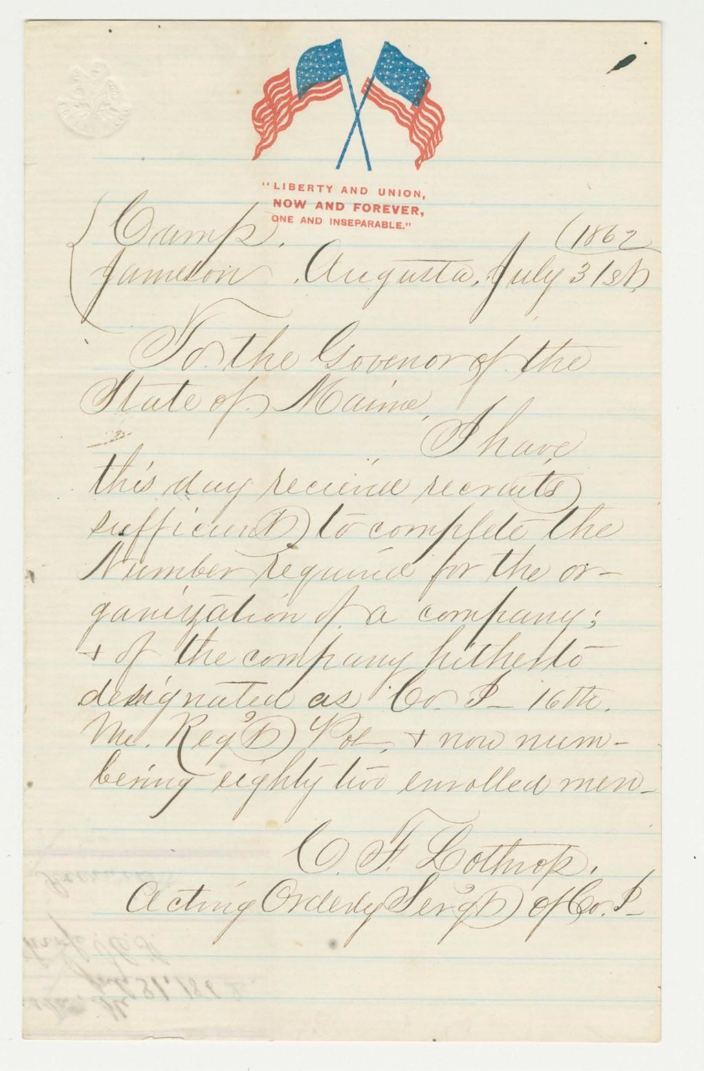Miniature of Orderly Sergeant C.F. Lothrop reports that Company I is full