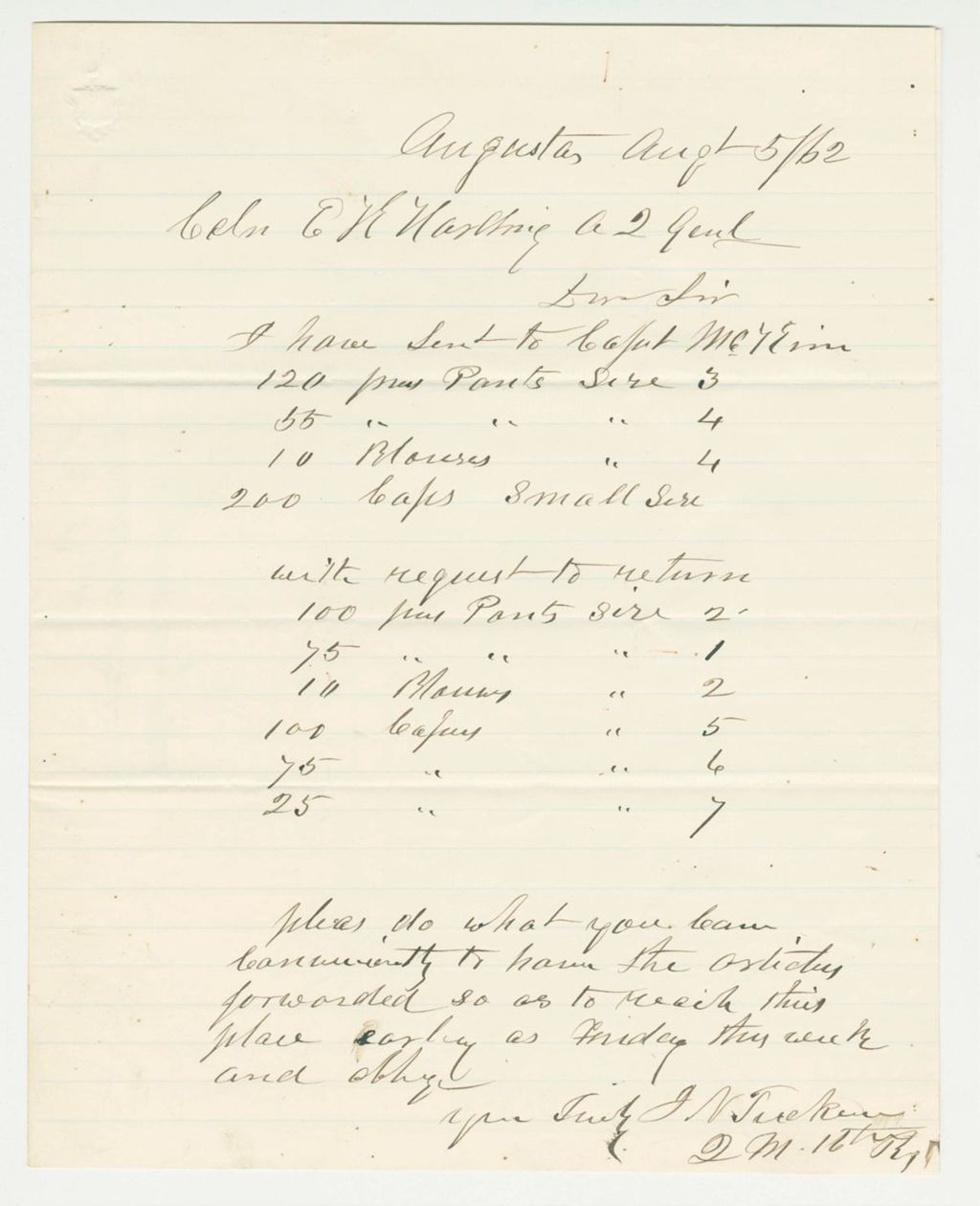 Miniature of Quartermaster J.M. Tucker sends list of supplies