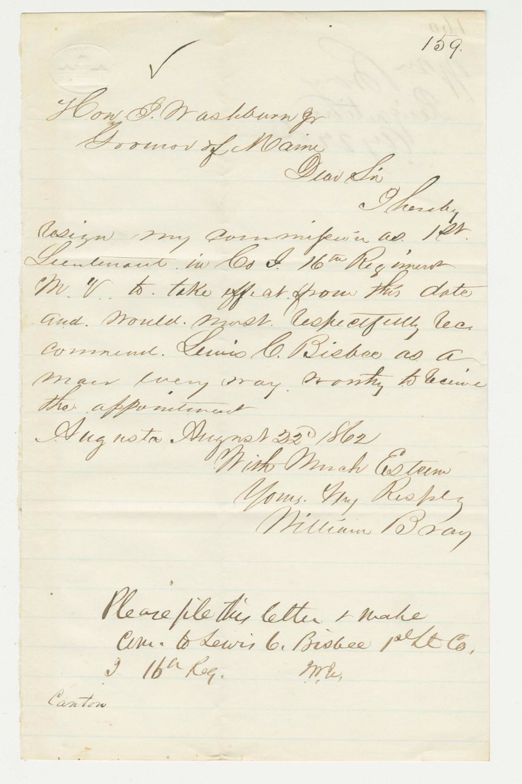 Miniature of William Bray resigns as Lieutenant and recommends Lewis C. Bisbee for a commission