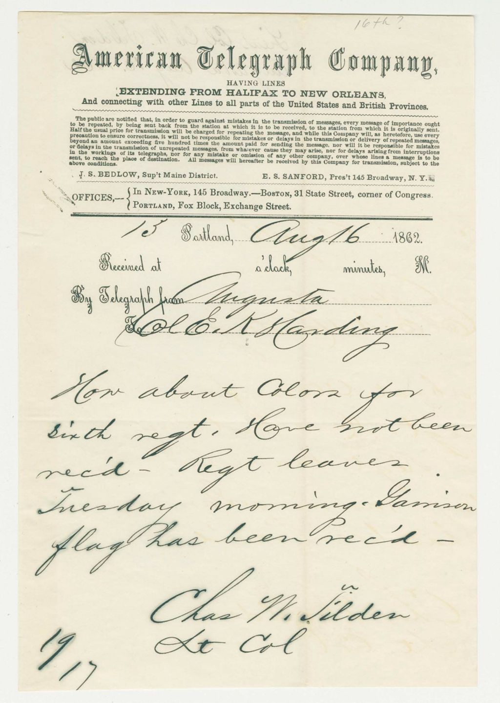 Miniature of Lt. Colonel Charles Tilden inquires about regimental flags