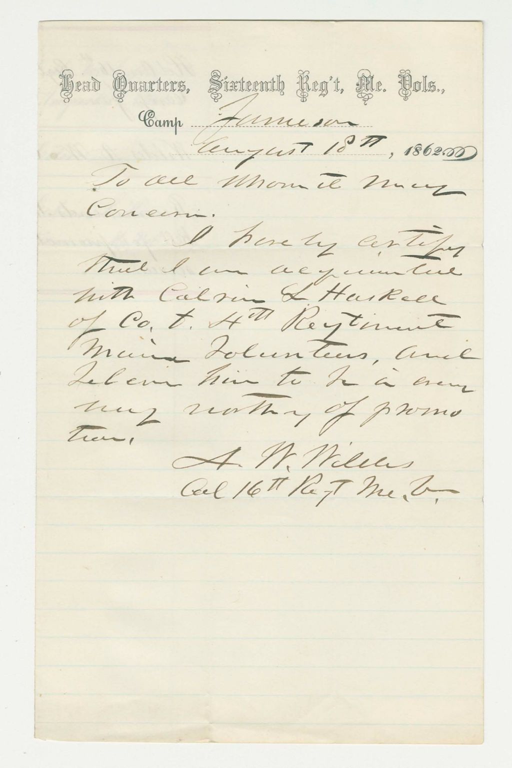 Miniature of Colonel Wildes recommends Calvin L. Haskell