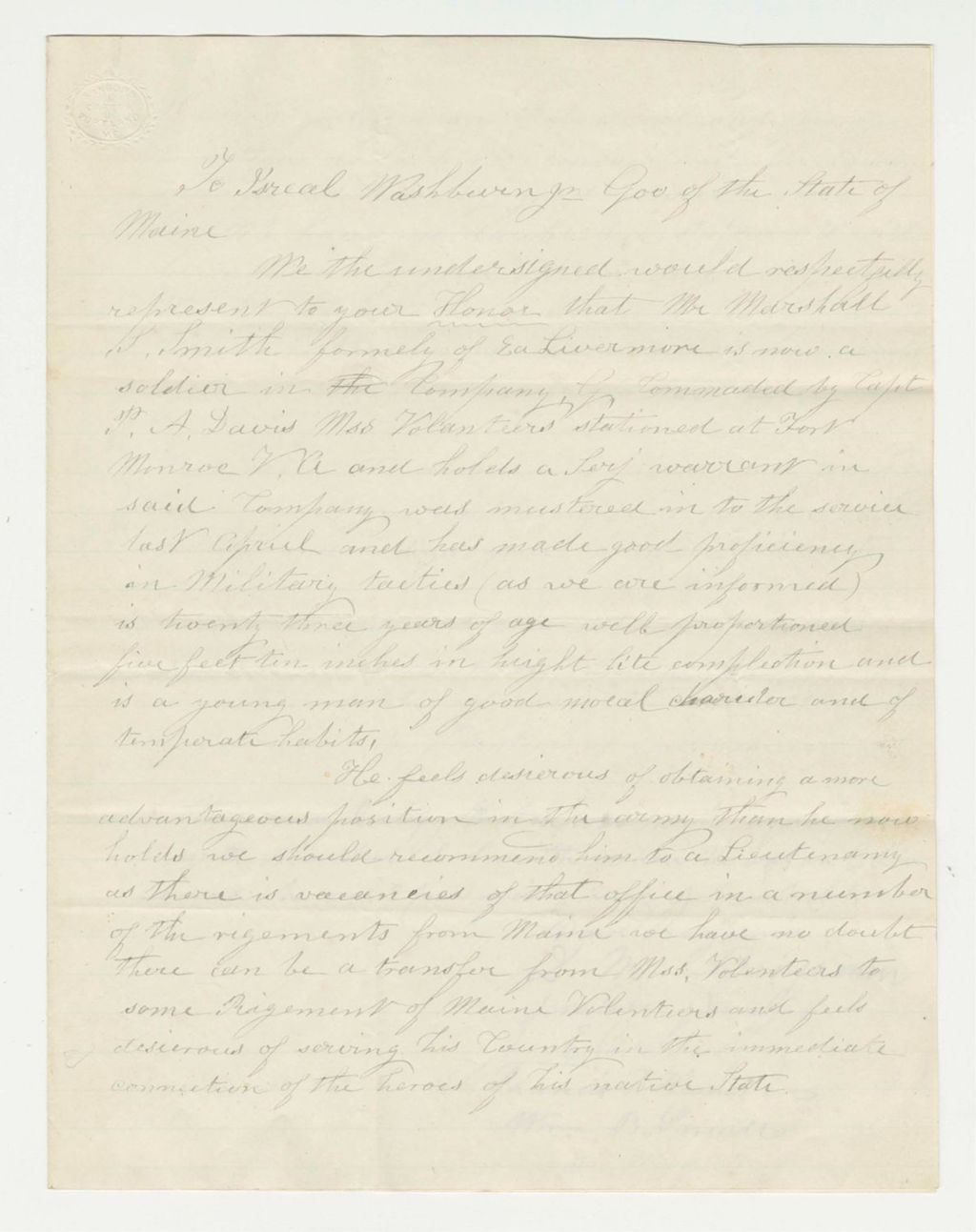 Miniature of David Benjamin and others recommend Sergeant Marshall S. Smith of the Massachusetts volunteers for position in a Maine regiment