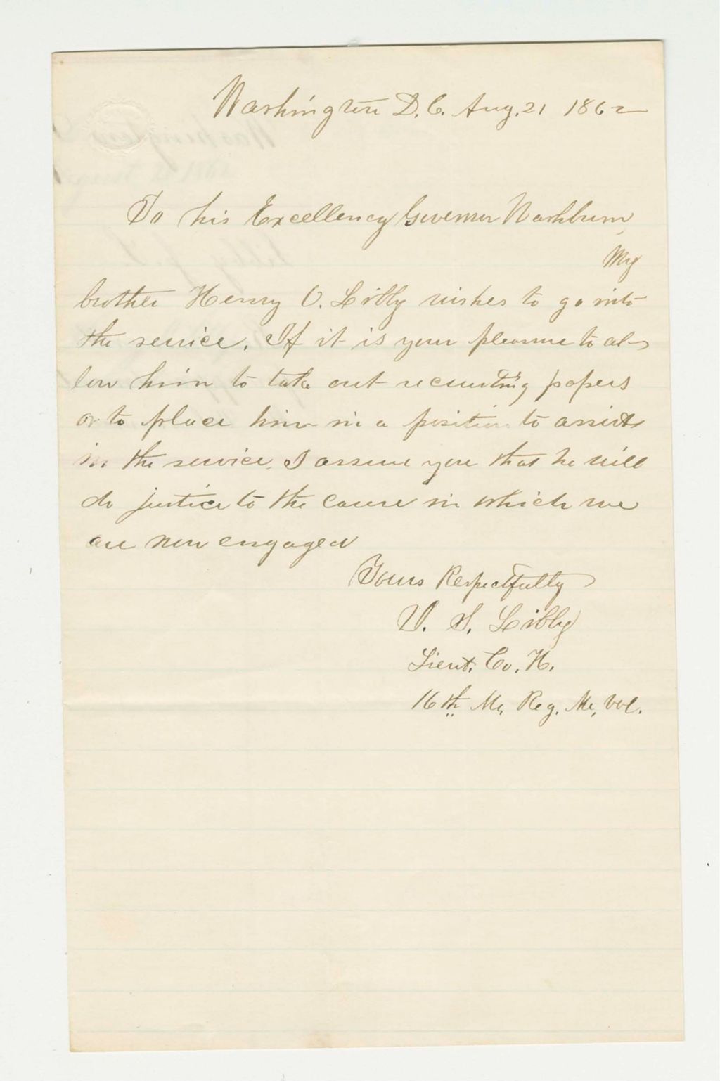 Miniature of Lieutenant J.S. Libby recommends brother Henry for lieutenant