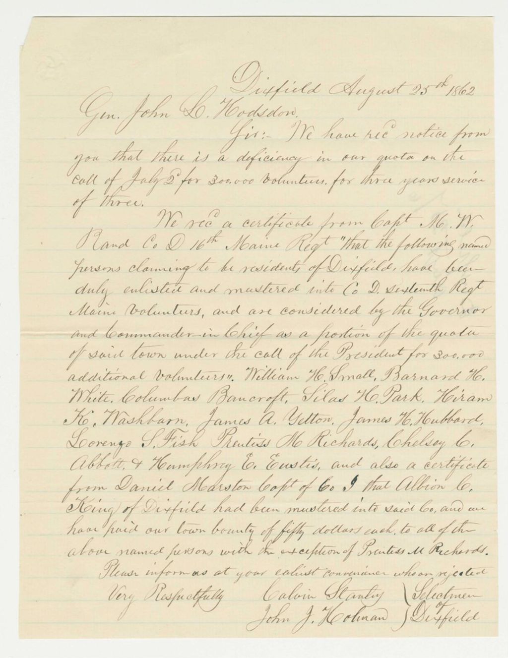 Miniature of Calvin Stanley and John Hohnan write regarding quota for Dixfield