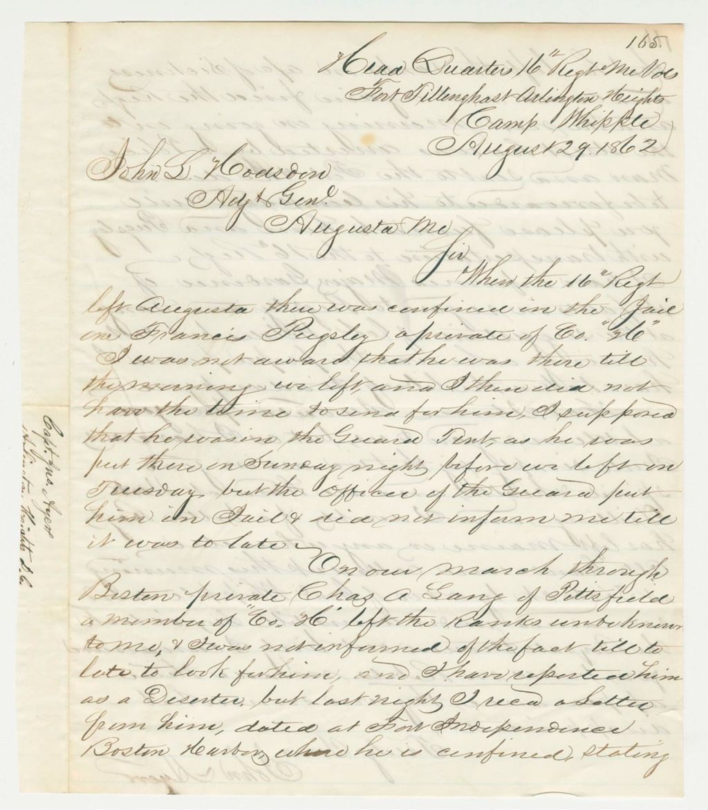 Miniature of John Ayer writes Adjutant General Hodsdon regarding deserters