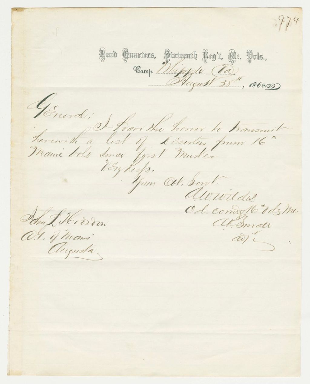 Miniature of Colonel Asa Wildes forwards a list of deserters
