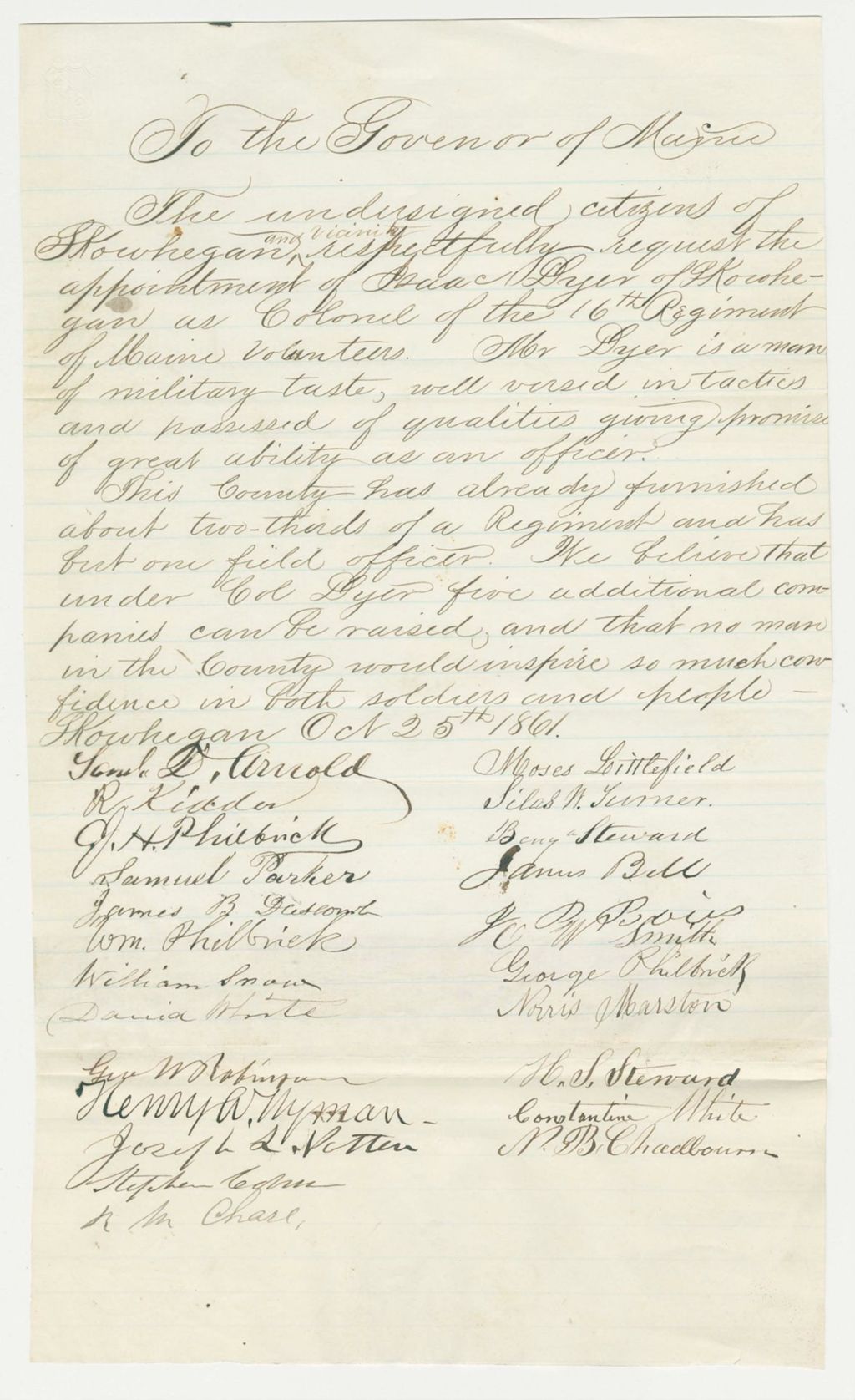 Miniature of Citizens of Skowhegan petition for the appointment of Isaac Dyer as Colonel
