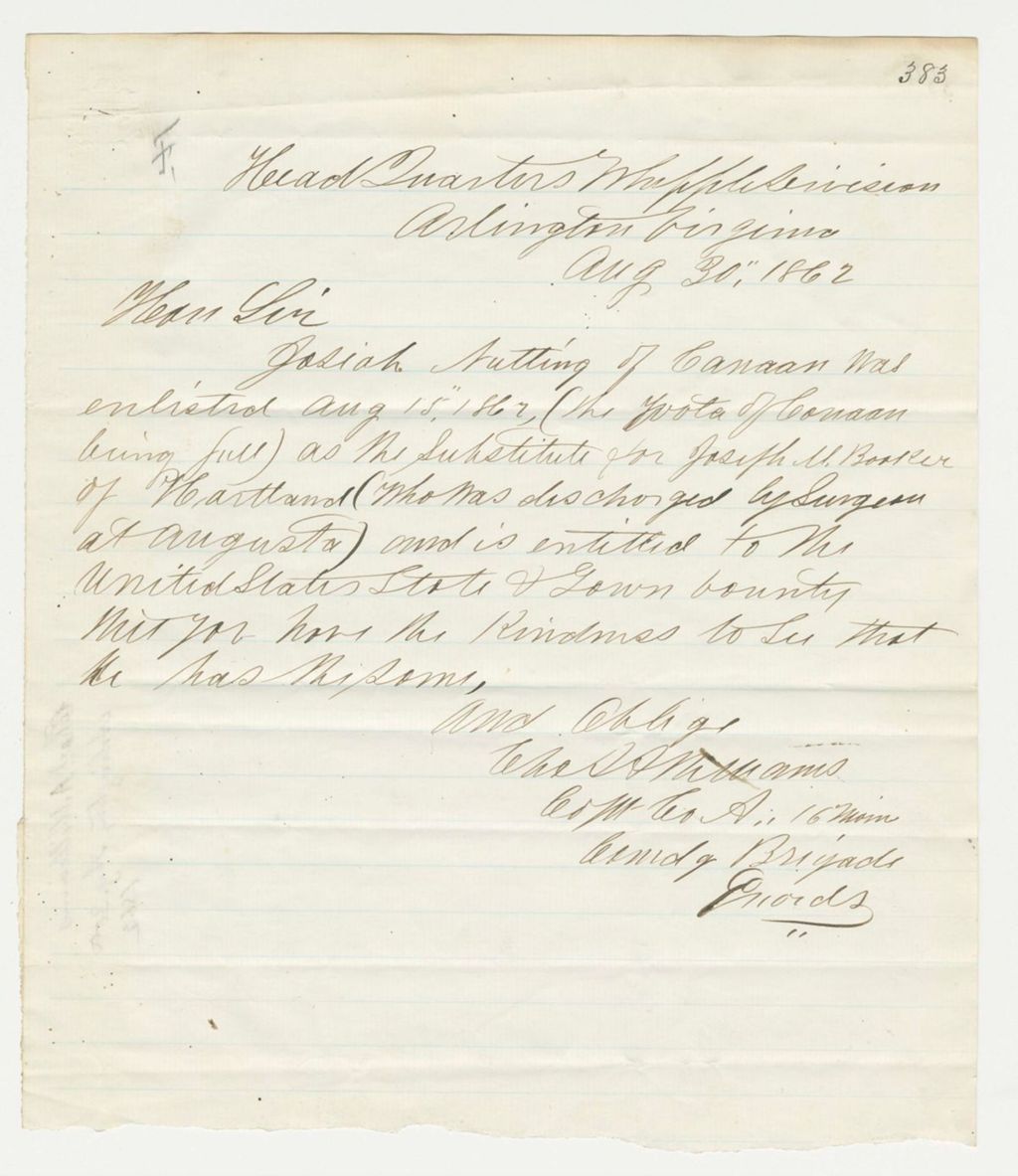 Miniature of Charles Williams of Company A writes regarding Josiah Nutting's pay as substitute