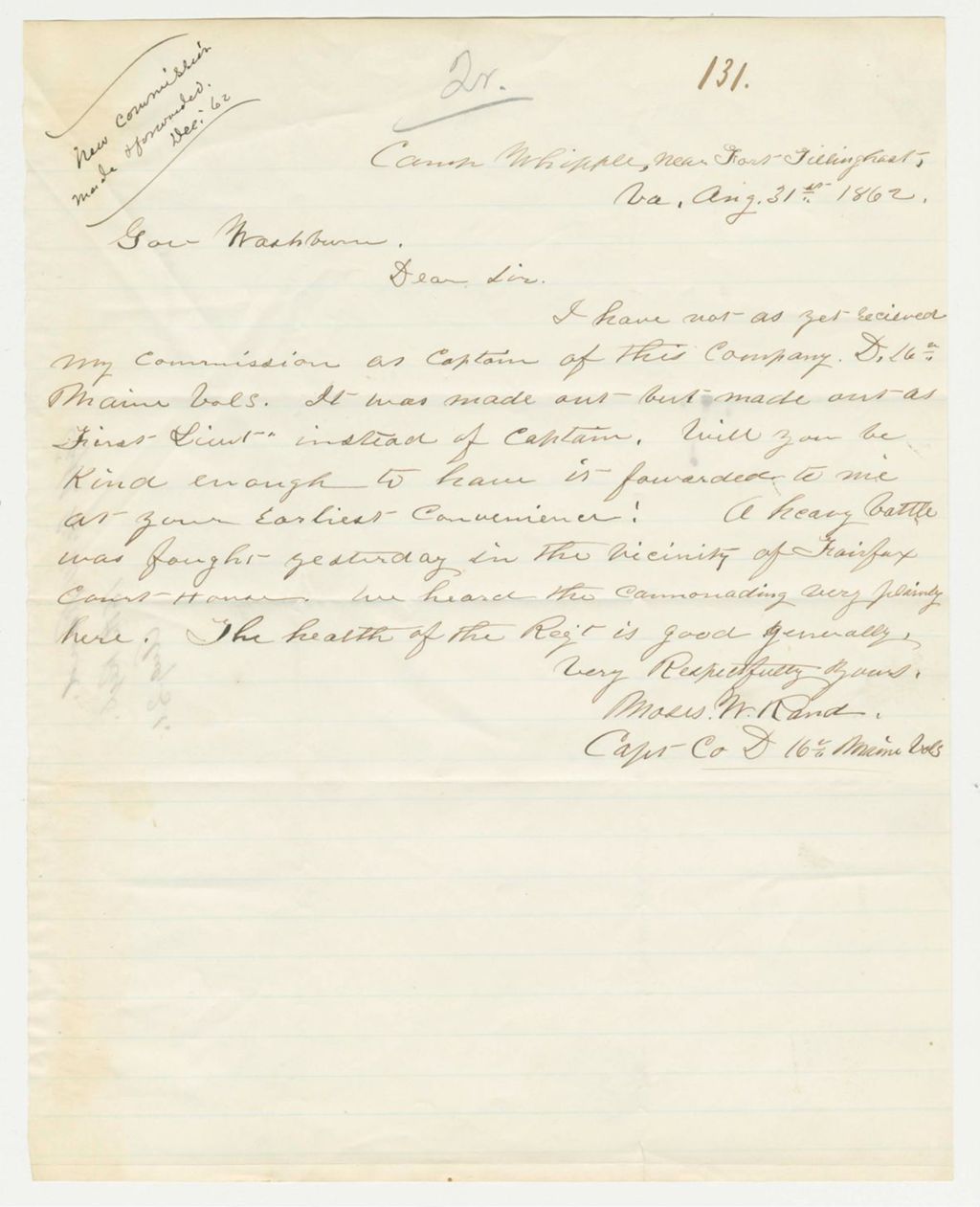 Miniature of Captain Moses W. Rand inquires about his commission