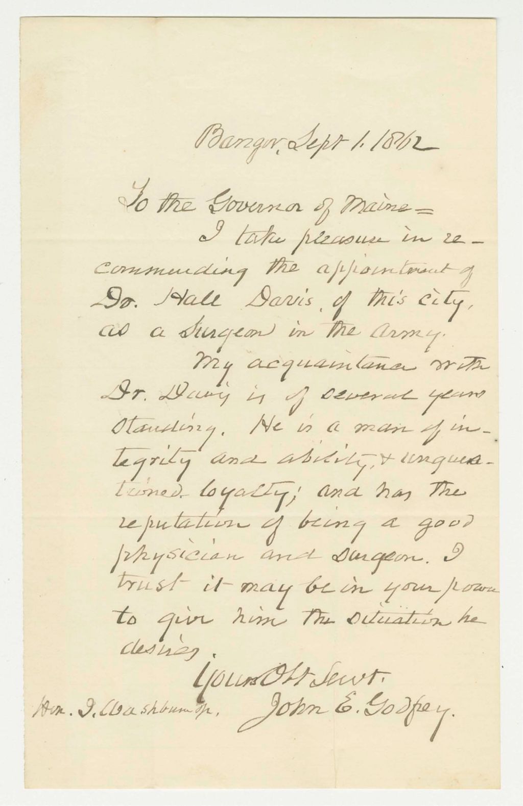 Miniature of John E. Godfrey recommends Dr. Hall Davis as surgeon